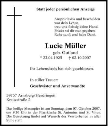 Traueranzeige von Lucie Müller von Tageszeitung