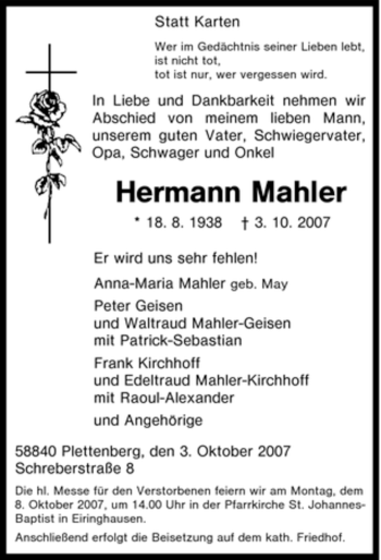 Traueranzeige von Hermann Mahler von Tageszeitung
