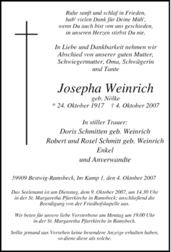 Traueranzeige von Josepha Weinrich von Tageszeitung