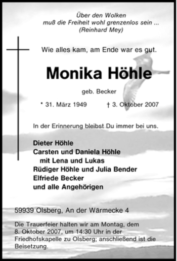 Traueranzeige von Monika Höhle von Tageszeitung