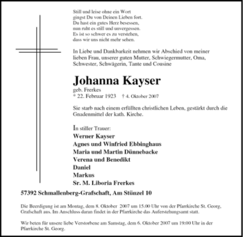 Traueranzeige von Johanna Kayser von Tageszeitung