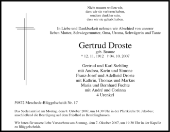 Traueranzeige von Gertrud Droste von Tageszeitung