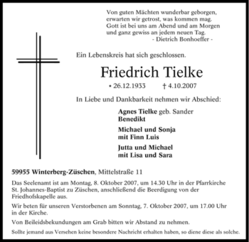 Traueranzeige von Friedrich Tielke von Tageszeitung