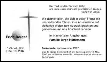 Traueranzeige von Erich Reuter von Tageszeitung