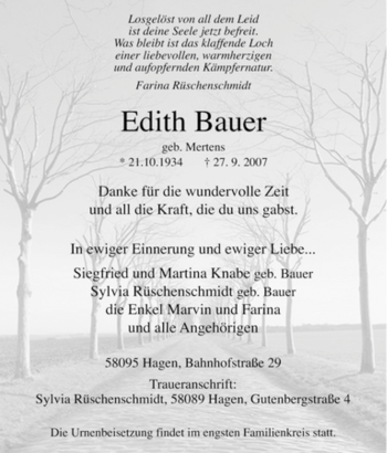 Traueranzeige von Edith Bauer von Tageszeitung
