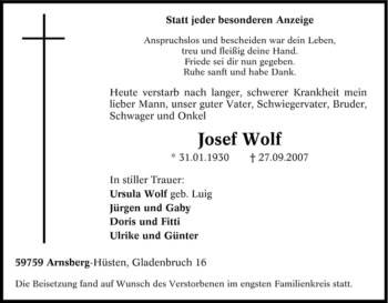 Traueranzeige von Josef Wolf von Tageszeitung