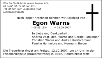 Traueranzeige von Egon Warns von Tageszeitung