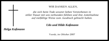 Traueranzeige von Helga Koßmann von Tageszeitung