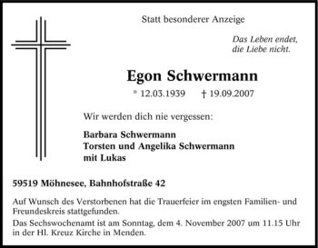 Traueranzeige von Egon Schwermann von Tageszeitung