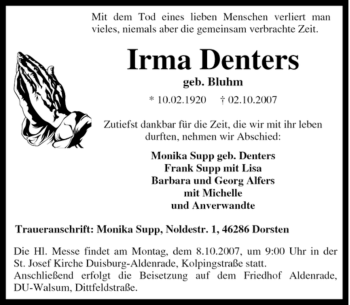 Traueranzeige von Irma Denters von Tageszeitung