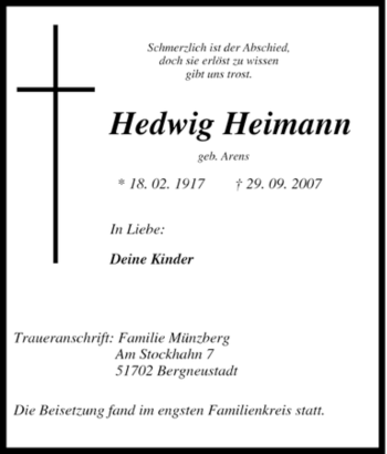 Traueranzeige von Hedwig Heimann von Tageszeitung