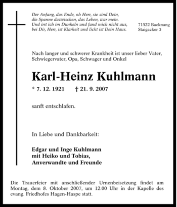 Traueranzeige von Karl-Heinz Kuhlmann von Tageszeitung