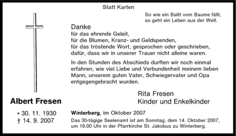  Traueranzeige für Albert Fresen vom 06.10.2007 aus Tageszeitung