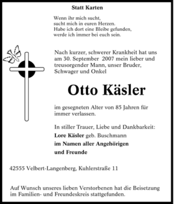 Traueranzeige von Otto Käsler von Tageszeitung