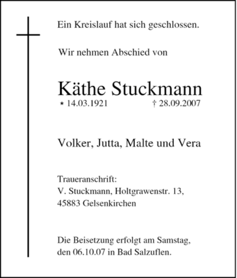  Traueranzeige für Käthe Stuckmann vom 06.10.2007 aus Tageszeitung