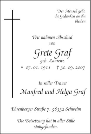 Traueranzeige von Grete Graf von Tageszeitung
