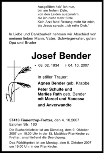 Traueranzeige von Josef Bender von Tageszeitung