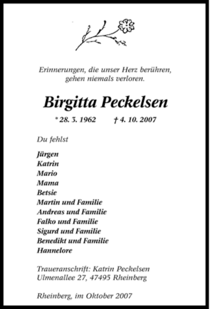  Traueranzeige für Brigitta Peckelsen vom 06.10.2007 aus Tageszeitung