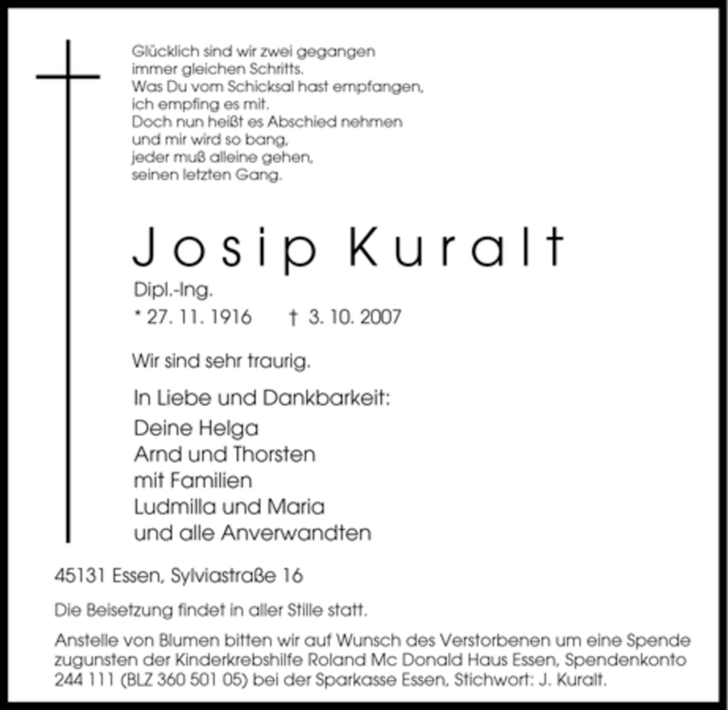  Traueranzeige für Josip Kuralt vom 06.10.2007 aus Tageszeitung