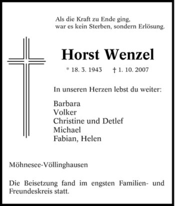 Traueranzeige von Horst Wenzel von Tageszeitung