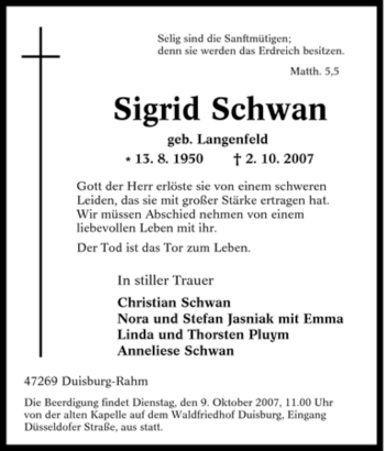 Traueranzeige von Sigrid Schwan von Tageszeitung