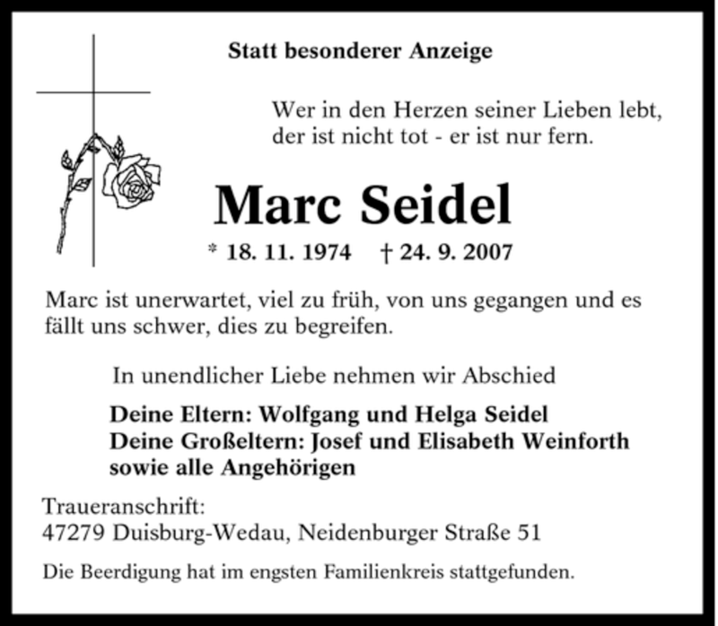  Traueranzeige für Marc Seidel vom 06.10.2007 aus Tageszeitung