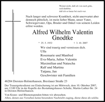 Traueranzeige von Alfred Wilhelm Valentin von Tageszeitung