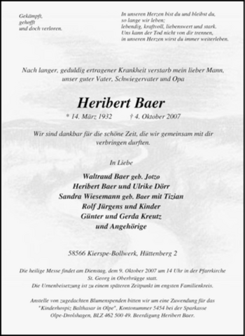 Traueranzeige von Heribert Baer von Tageszeitung