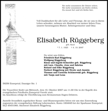 Traueranzeige von Elisabeth Rüggeberg von Tageszeitung