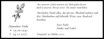 Traueranzeige von Hannelore Finke von Tageszeitung