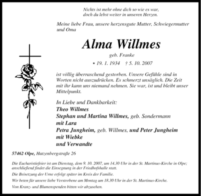  Traueranzeige für Alma Willmes vom 06.10.2007 aus Tageszeitung