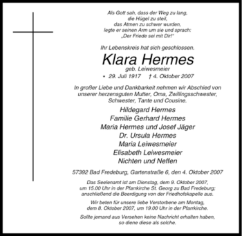 Traueranzeige von Klara Hermes von Tageszeitung