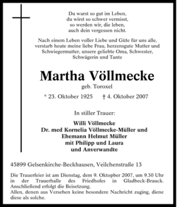 Traueranzeige von Martha Völlmecke von Tageszeitung