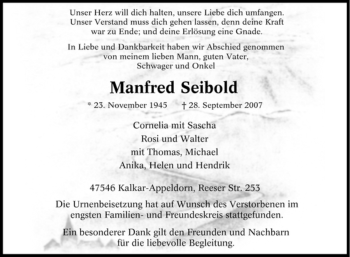 Traueranzeige von Manfred Seibold von Tageszeitung