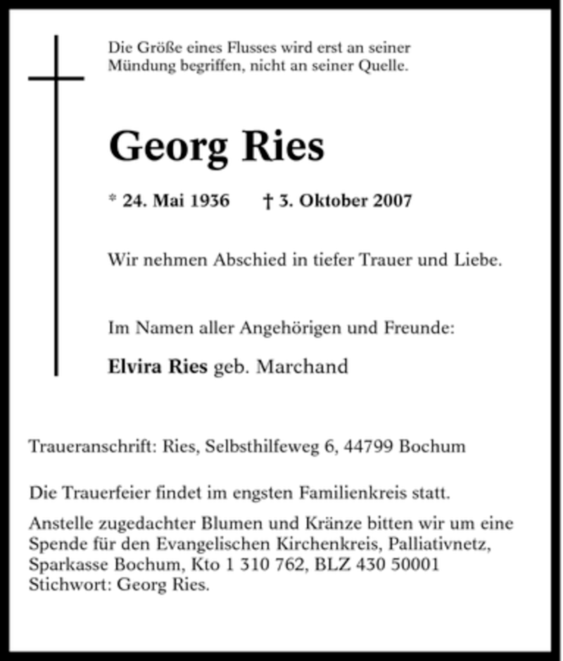  Traueranzeige für Georg Ries vom 06.10.2007 aus Tageszeitung