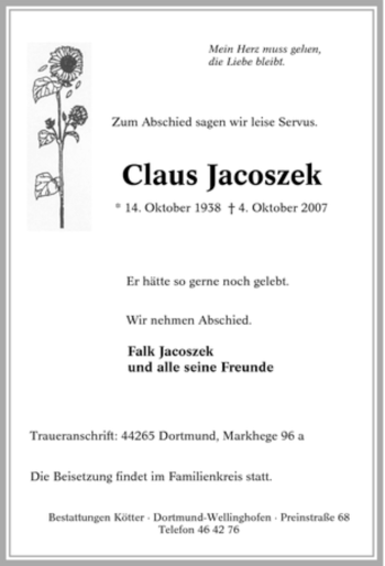 Traueranzeige von Caus Jacoszek von Tageszeitung