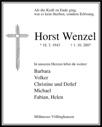 Traueranzeige von Horst Wenzel von Tageszeitung