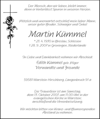 Traueranzeige von Martin Kümmel von Tageszeitung