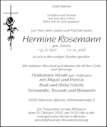 Traueranzeige von Hermine Rosemann von Tageszeitung