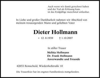 Traueranzeige von Dieter Hollmann von Tageszeitung