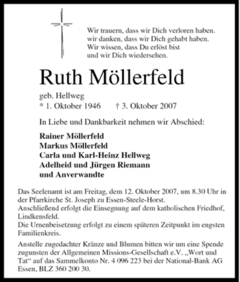 Traueranzeige von Ruth Möllerfeld von Tageszeitung