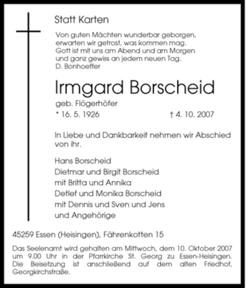 Traueranzeige von Irmgard Borscheid von Tageszeitung