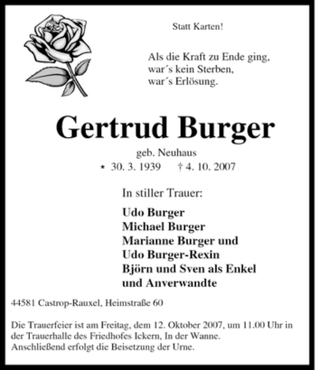 Traueranzeige von Gertrud Burger von Tageszeitung