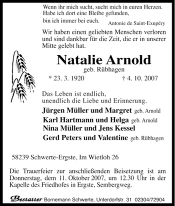 Traueranzeige von Natalie Arnold von Tageszeitung