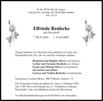 Traueranzeige von Elfriede Reulecke von Tageszeitung