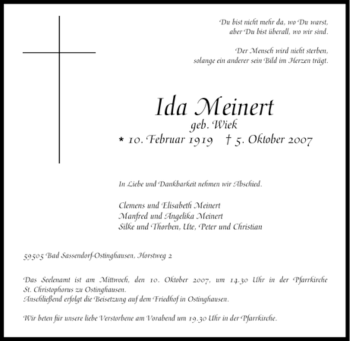 Traueranzeige von Ida Meinert von Tageszeitung