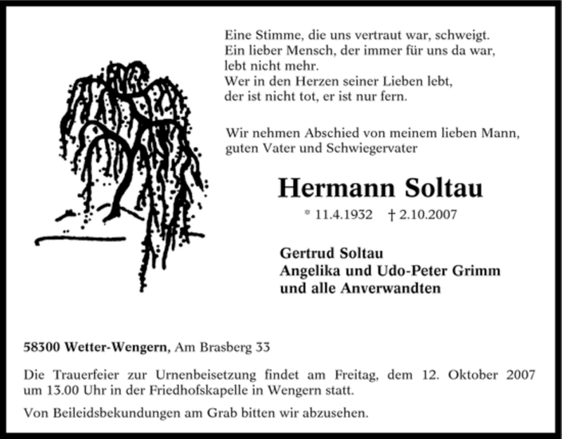  Traueranzeige für Hermann Soltau vom 08.10.2007 aus Tageszeitung