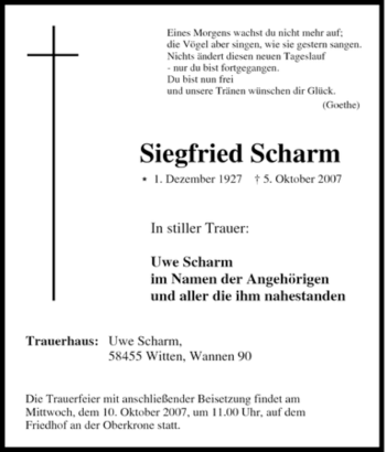 Traueranzeige von Siegfried Scharm von Tageszeitung
