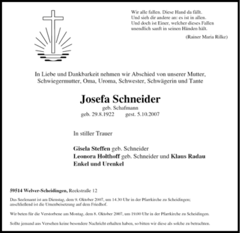 Traueranzeige von Josefa Schneider von Tageszeitung