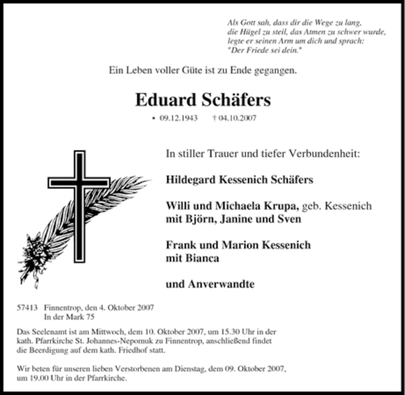  Traueranzeige für Eduard Schäfers vom 08.10.2007 aus Tageszeitung